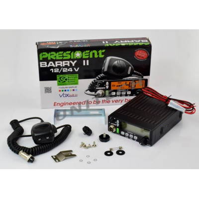RADIO CB PRESIDENT BARRY II ASC VOX 12/2 4V,FUNKCJA VOX(HANDS FREE),40 KANALOW AM/FM,7 KOLOROW WYSIETL.LCD,GNIAZDO USB,GNIAZDO MIKROF.6PIN,WYMIARY:125